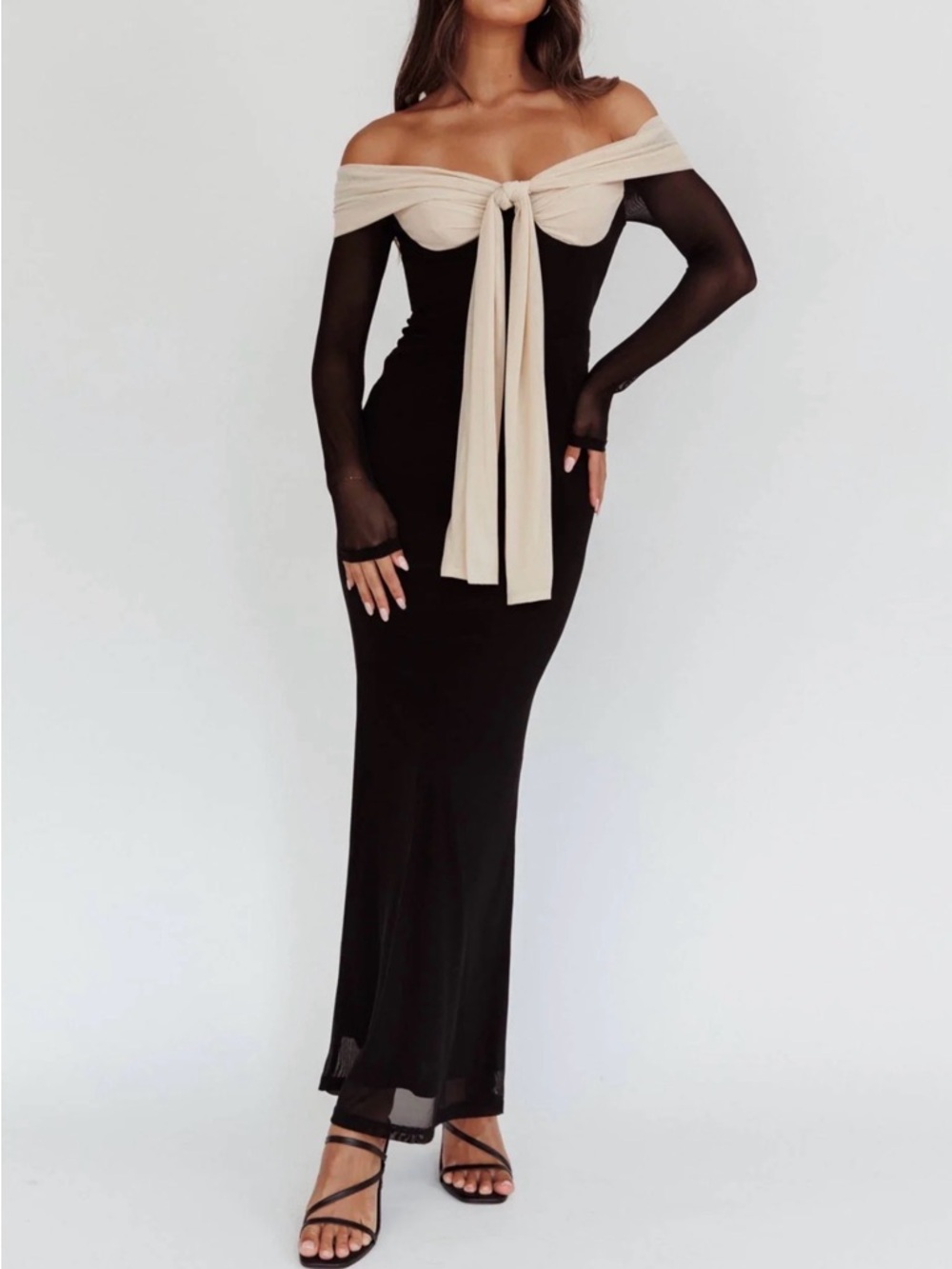 Trendy boutique Black Maxi Dress with Cream Front Tie
